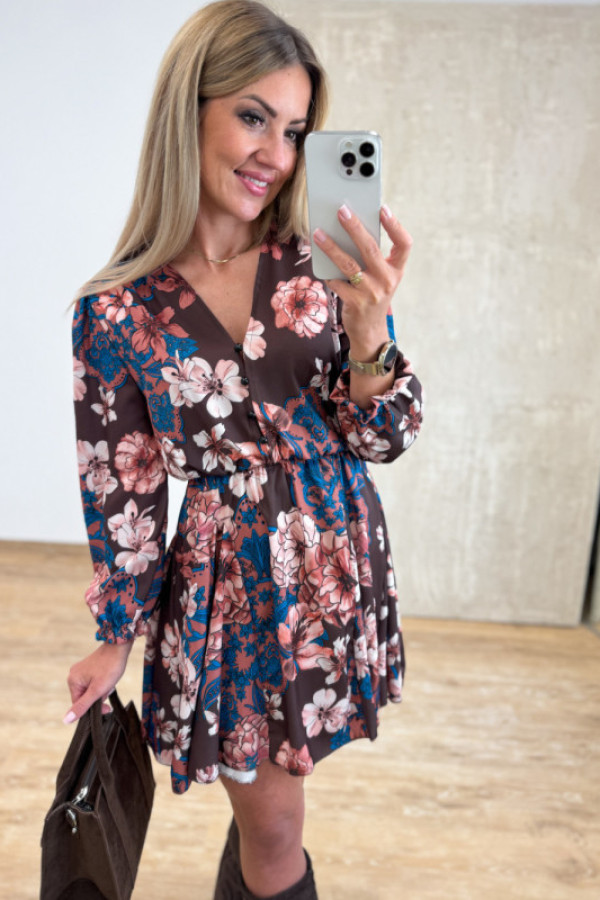 Sukienka z długim rękawem krótka laura - czekoladowo turkusowa