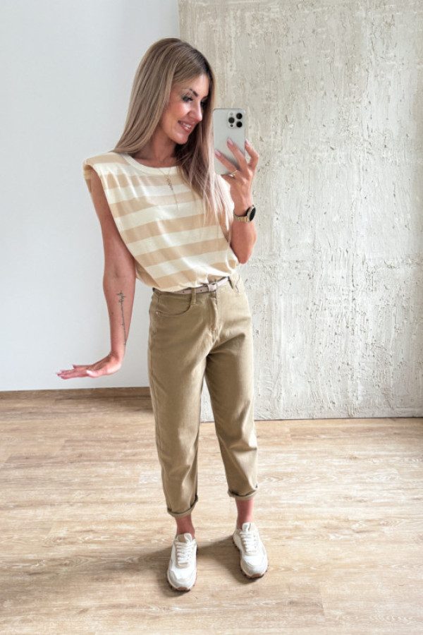 Bluzka bez rękawów poduszki w paski - beżowa