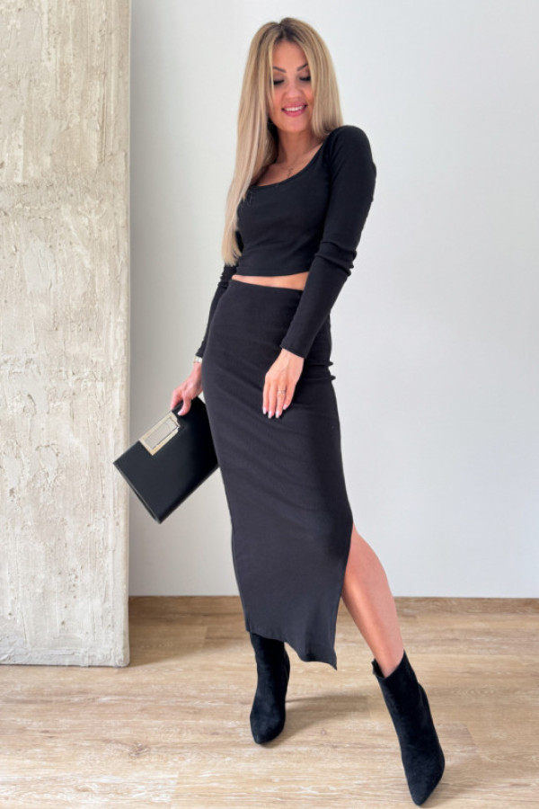 Dwuczęściowy komplet prążkowany spódnica z bluzką miso - czarny