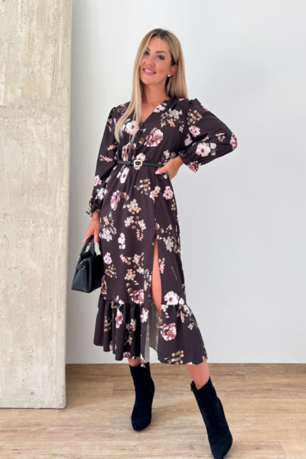 Sukienka z długim rękawem midi laura - czekolada w pudrowe kwiaty