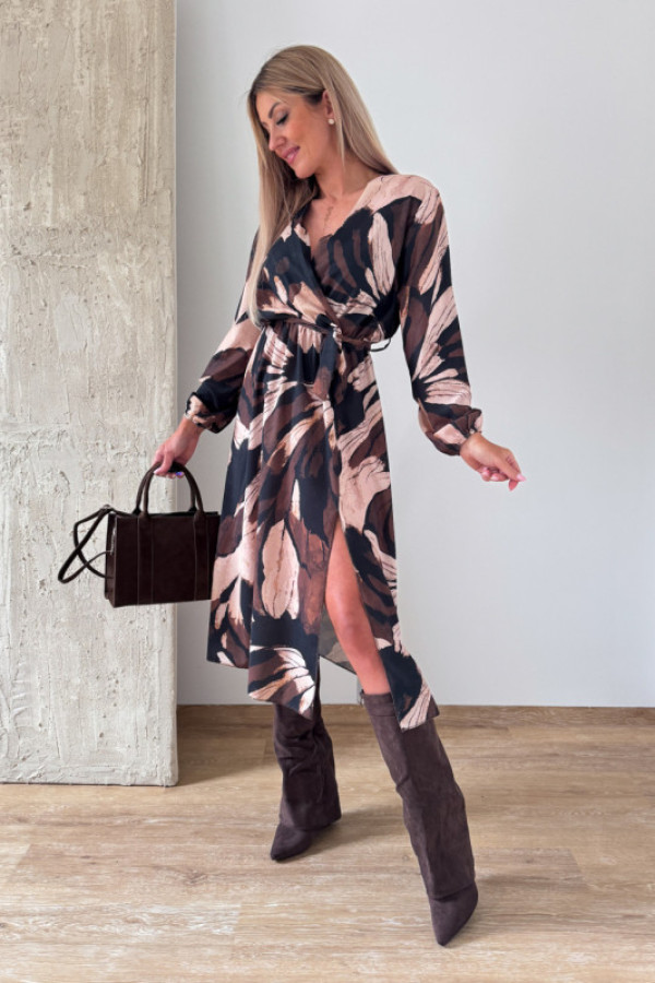 Sukienka midi z długim rękawem milena - maziajki beż/czekolada/czarny