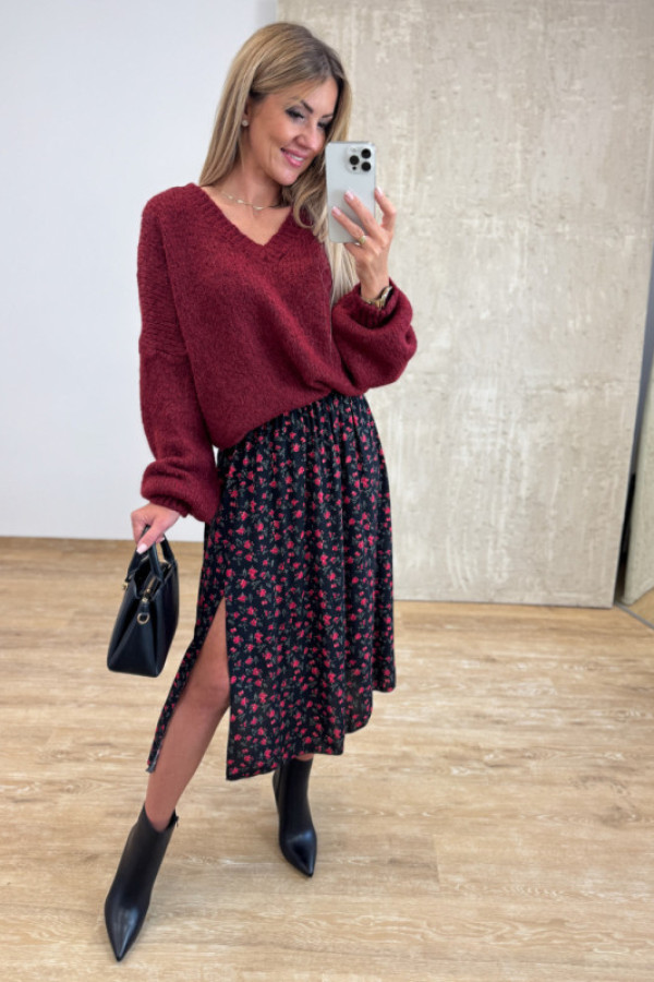 Spódnica midi soma - czarna w czerwone kwiatuszki