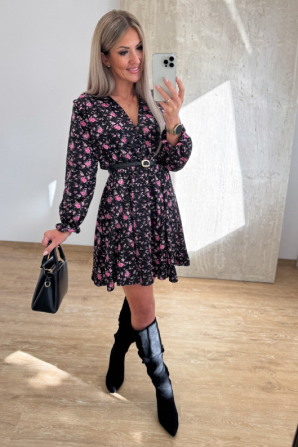 Sukienka z długim rękawem krótka laura - czarna w fuksjowe róże