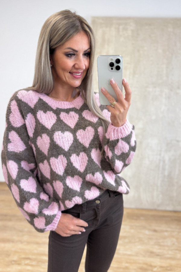 Sweter serduszko lover - czekoladowo różowy