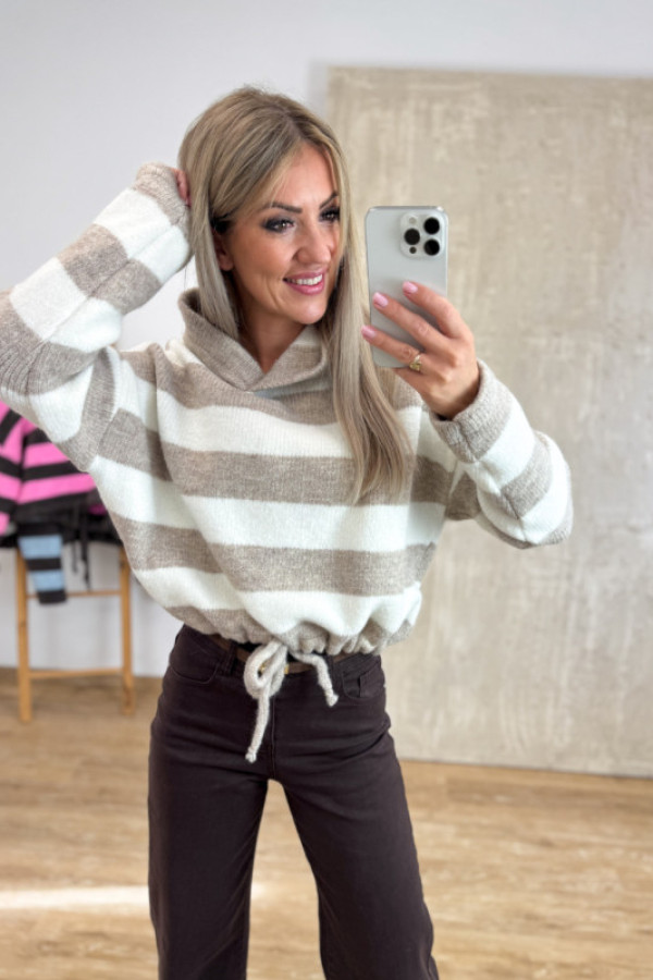 Sweter w pasy z kapturem betis - beż z wanilią