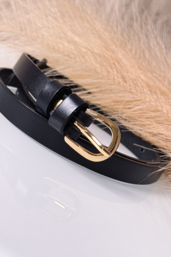 Pasek z skóry naturalnej z złotą klamrą - czarny