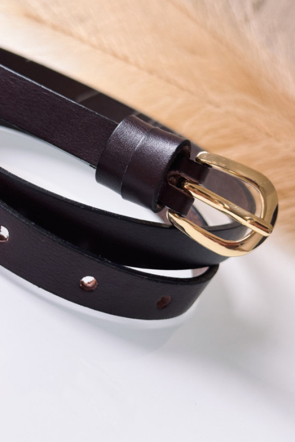 Pasek z skóry naturalnej z złotą klamrą - brązowy