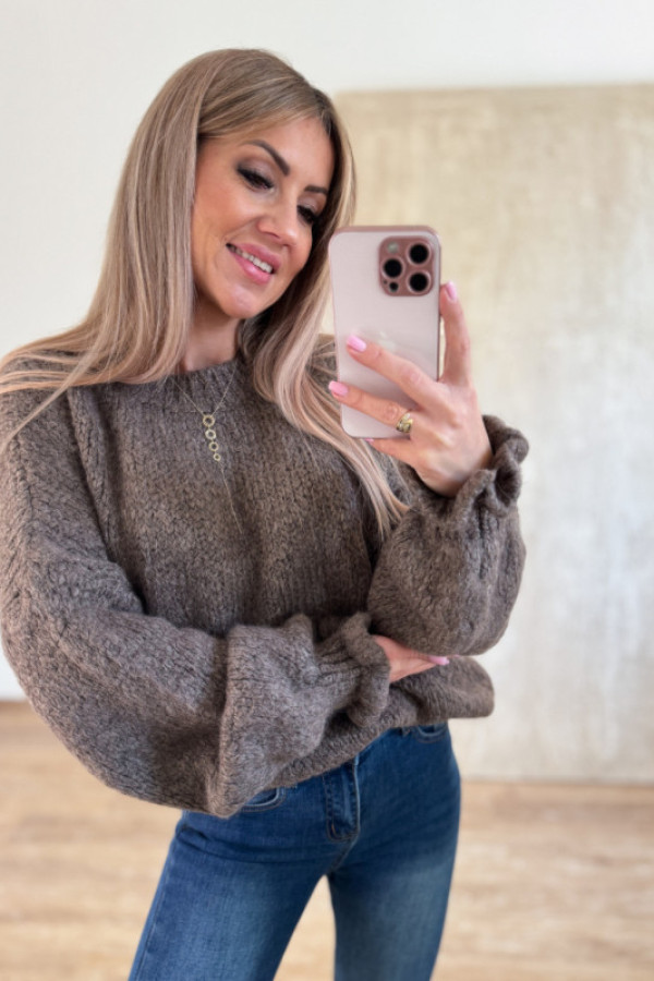 Sweter bufka rękaw z falbanką ramires - mleczna czekolada / fango