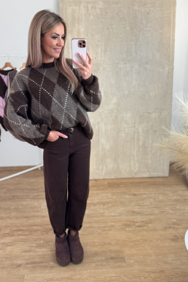 Sweter z wełną w romby - czekolada / fango