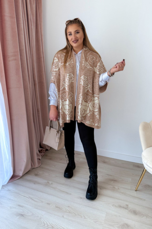 Poncho w kremowo-beżowe kwiaty rennie