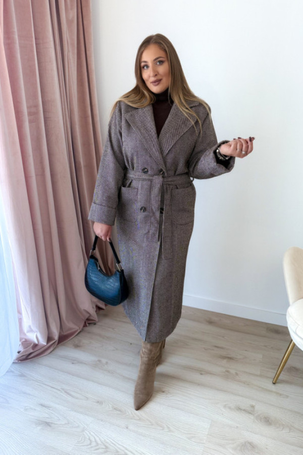 Płaszcz kaszmirowy w jodełkę secret story - czekolada