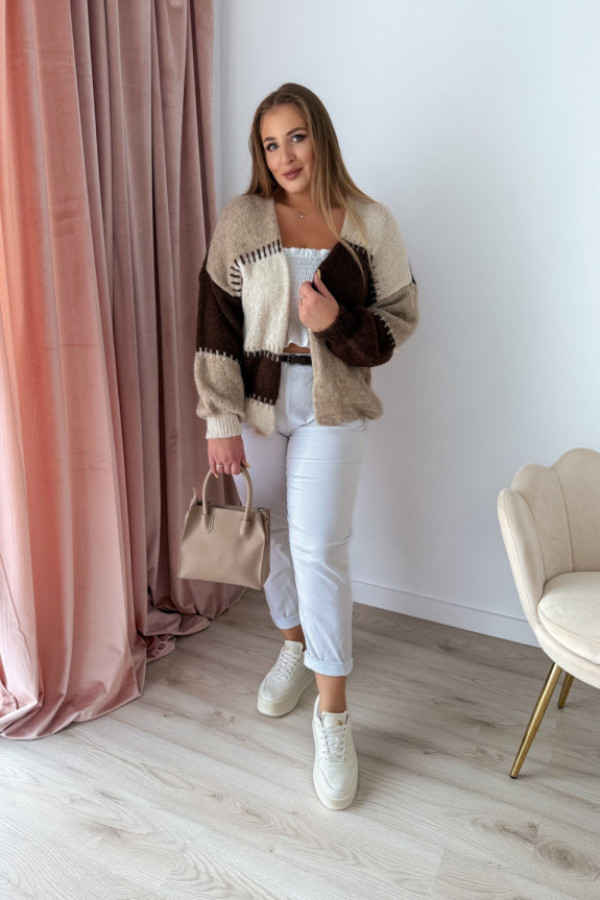 Kardigan z łączonych kolorów amara - kremowo-beżowo-czekoladowy