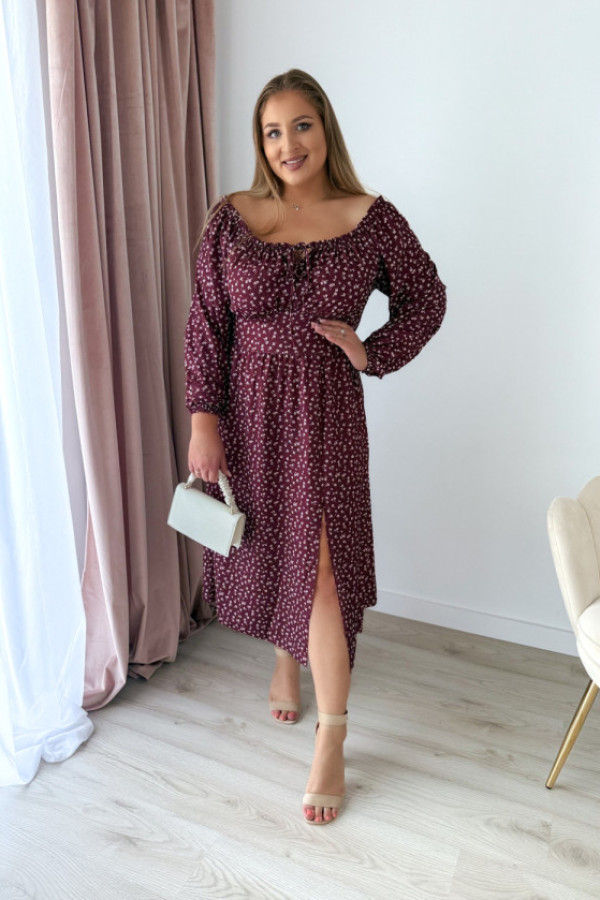 Sukienka hiszpanka midi bordowa w białe kwiatki molly