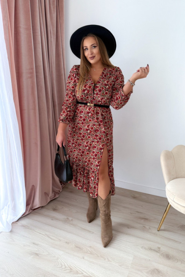 Sukienka midi z guzikami na dekolcie kremowa w koralowe kwiaty sara