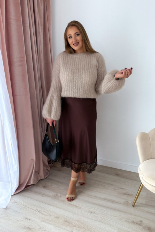 Spódnica midi satynowa z koronką zaraya - czekolada