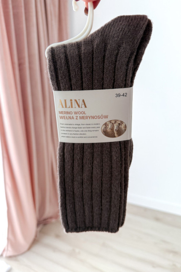 Skarpety w prążki wełna merino - czekolada