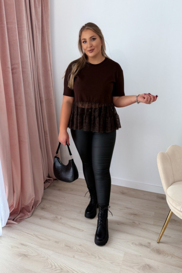 Bluzka na krótki rękaw z koronką basanti - czekolada