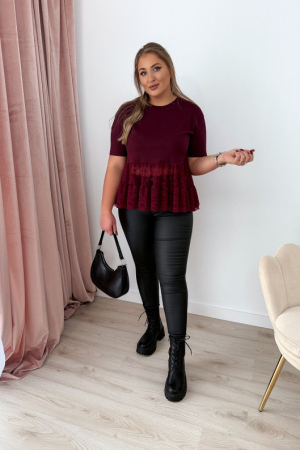 Bluzka na krótki rękaw z koronką basanti - bordo