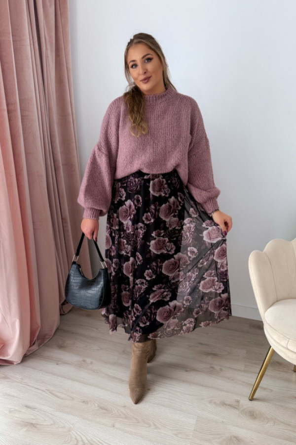 Spódnica maxi siateczkowa czarna w fioletowe róże mariella
