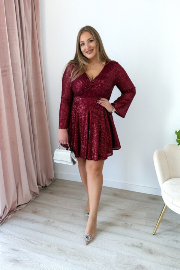 Sukienka krótka cekinowa z dekoltem v ala kokardką queen - bordo