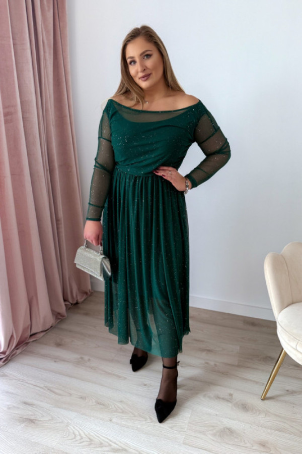 Sukienka siateczkowana ze srebrnymi drobinkami fairy moment - butelkowa zieleń