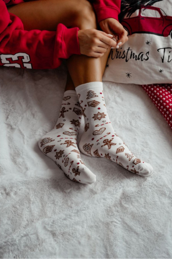 Skarpetki damskie świąteczne w pierniki - ecru