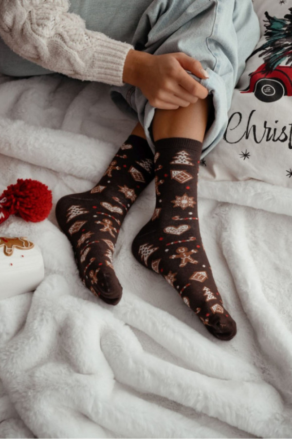 Skarpetki damskie świąteczne w pierniki - czekolada
