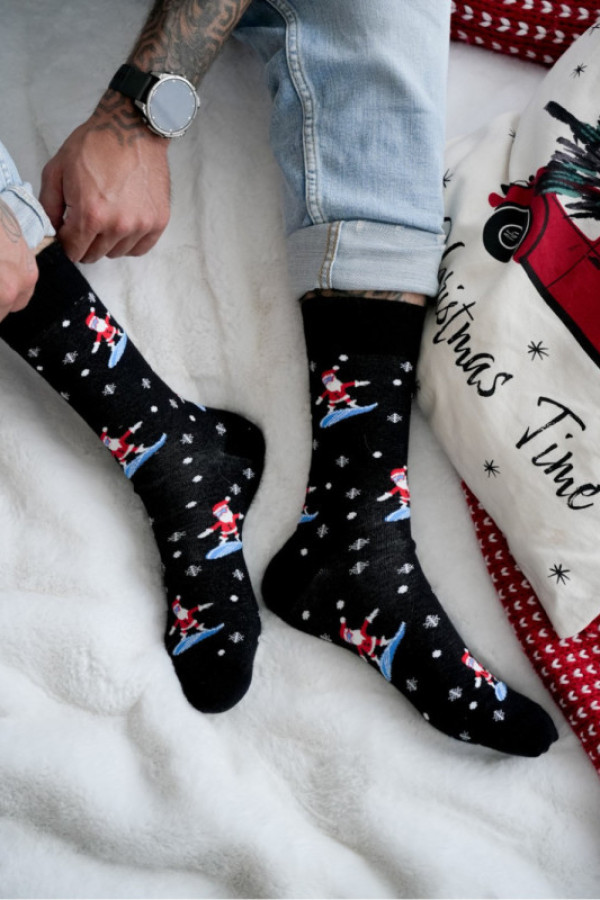 Skarpetki męskie świąteczne mikołaj na snowboardzie