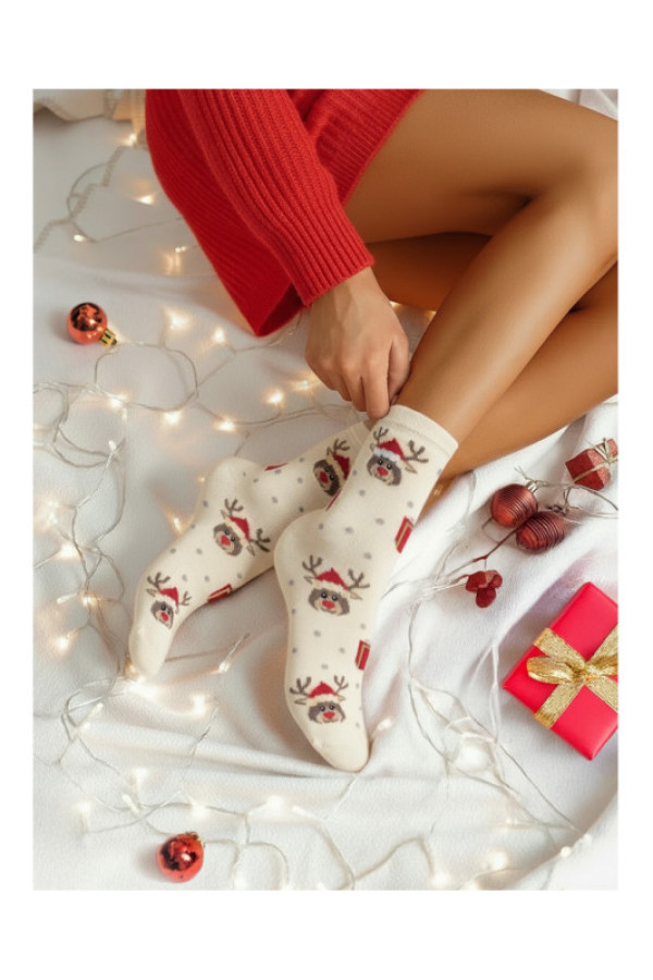 Skarpetki damskie świąteczne renifery i prezenty - ecru