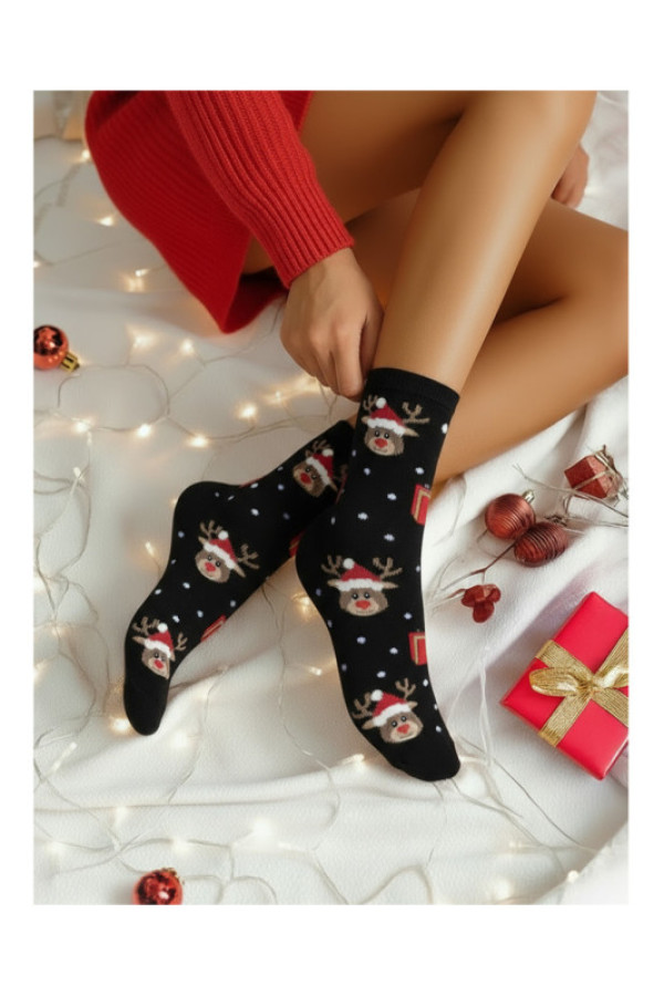 Skarpetki damskie świąteczne renifery i prezenty - czarne