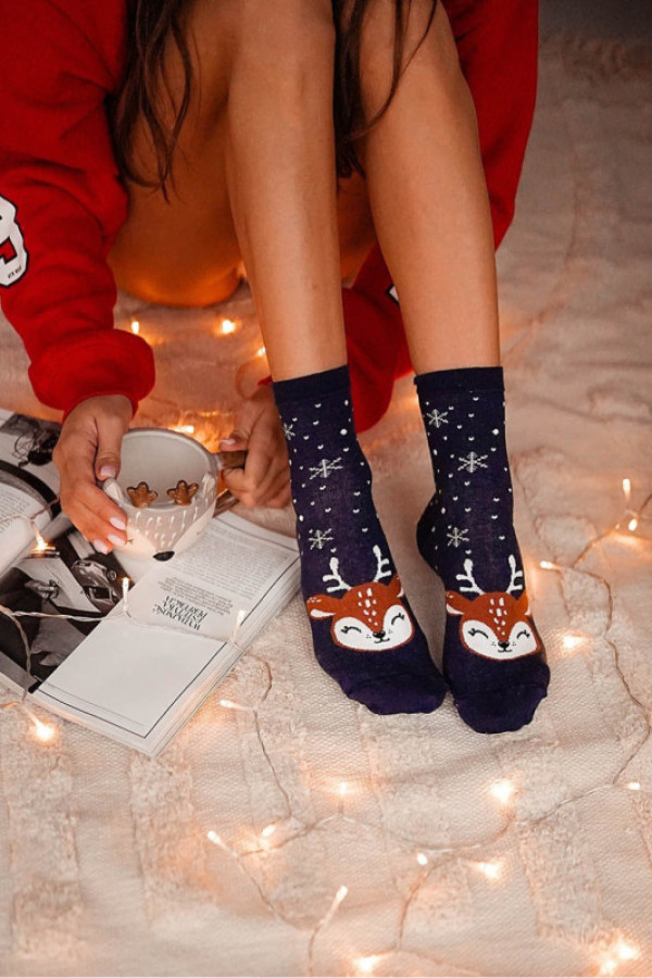 Skarpetki damskie świąteczne reniferek - granat