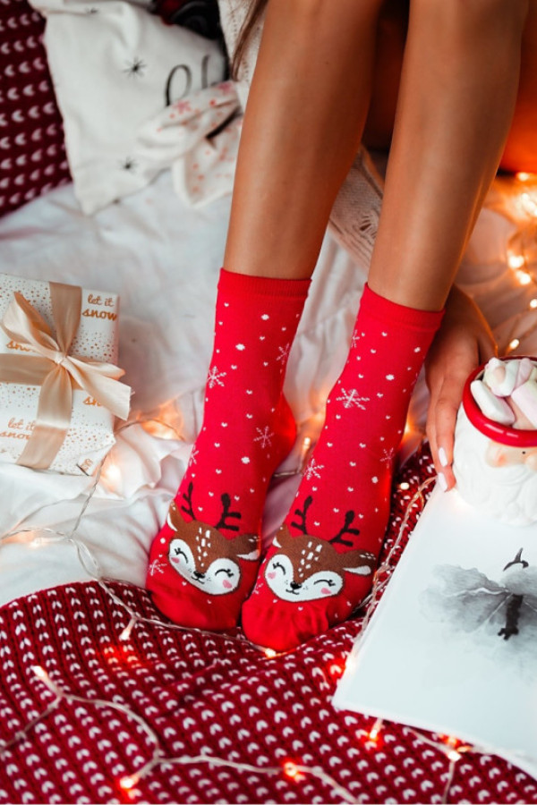Skarpetki damskie świąteczne reniferek - czerwone