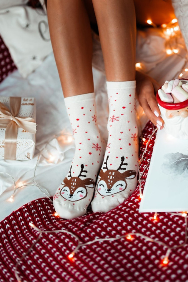 Skarpetki damskie świąteczne reniferek - ecru