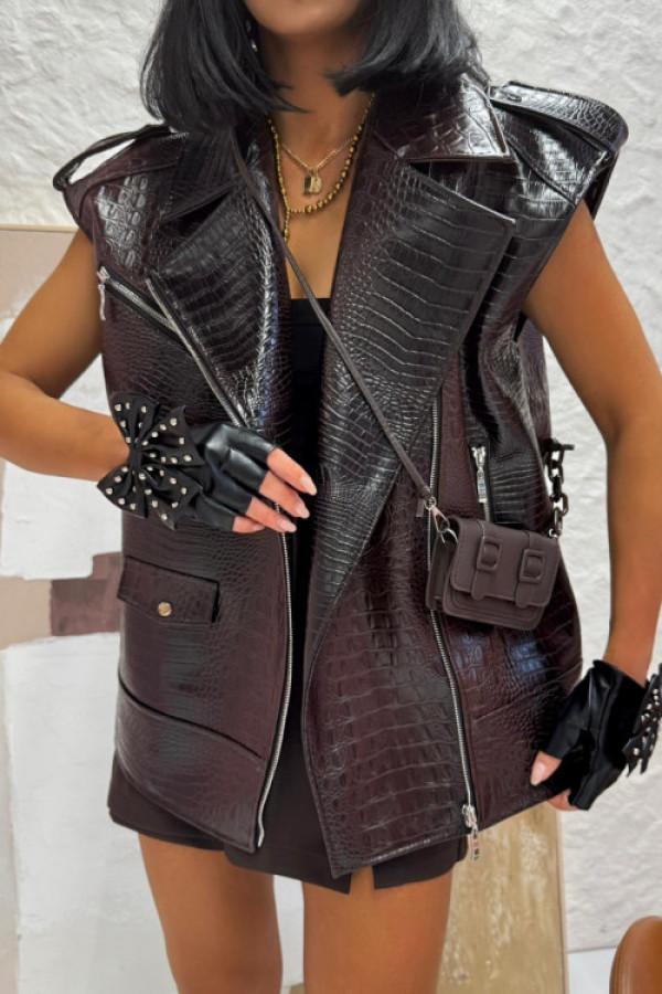 Brązowa kamizelka oversize la milla – imitacja skóry krokodyla