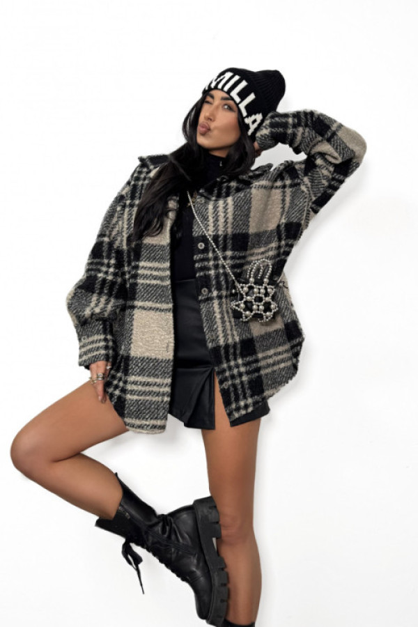 Kurtka koszulowa w kratę la milla beżowo-czarna