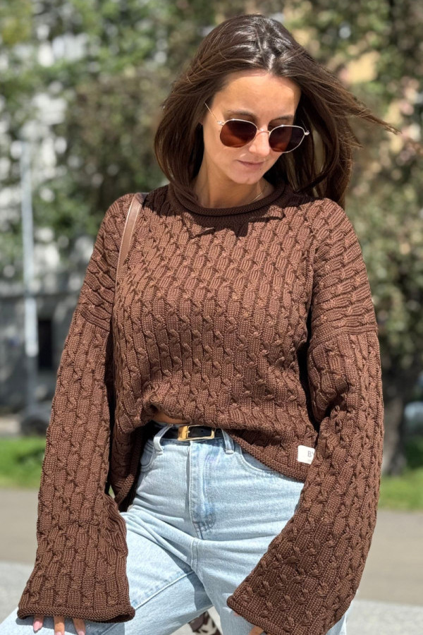 Bawełniany sweter warkocz| czekolada