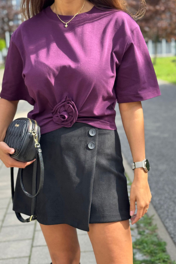 Bawełniany t-shirt z ozdobnym kwiatem| plum