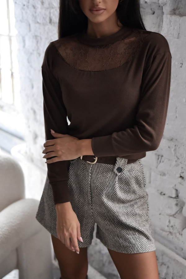 Bawełniany sweter roche z koronką| czekolada