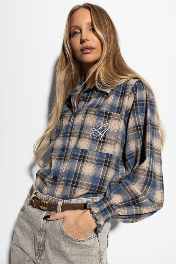 Koszula los angeles w beżowo-granatową kratę