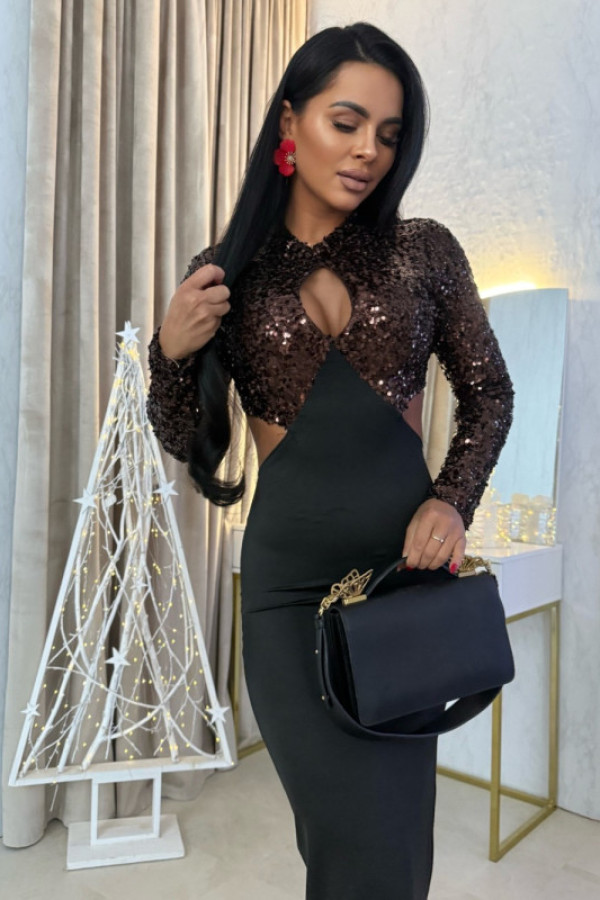 Brązowa sukienka maxi z cekinową górą i wycięciami na talii vitorria