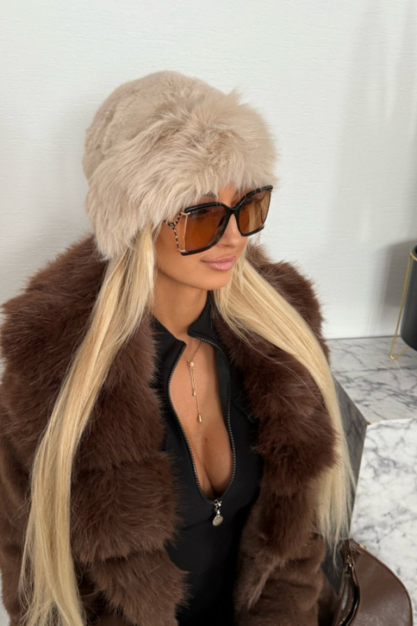 Luksusowa czapka damska z imitacji futra beżowa flora