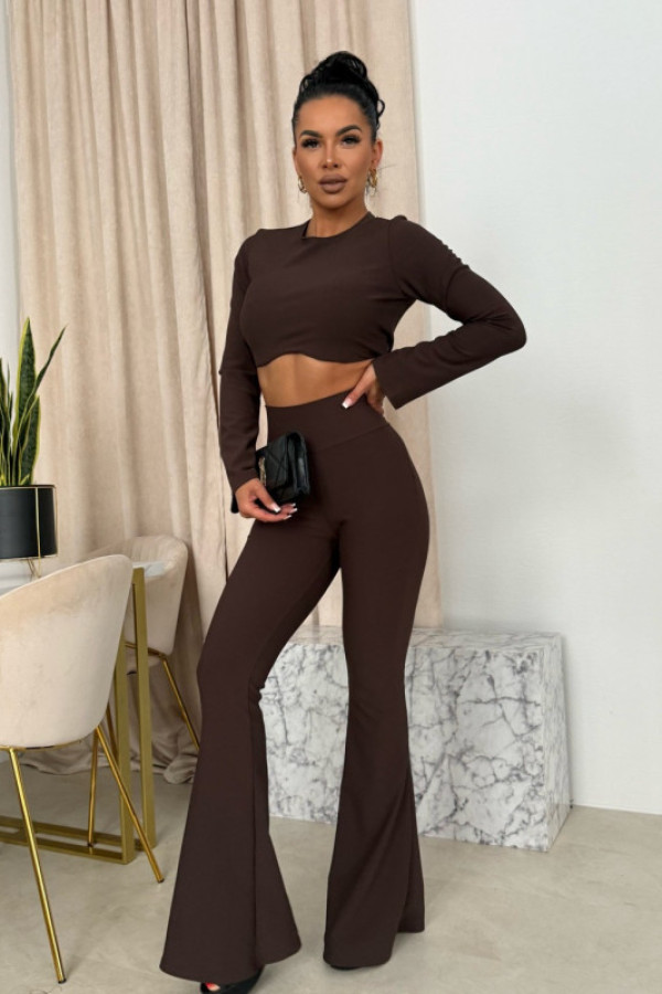 Spodnie dzwony prążkowane z wysokim stanem brązowetamara