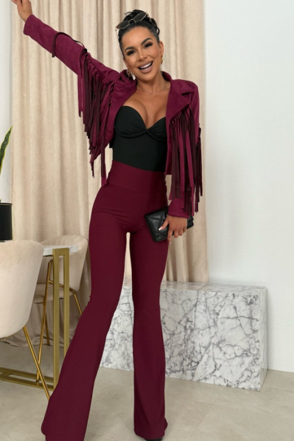 Spodnie dzwony prążkowane z wysokim stanem bordowe tamara