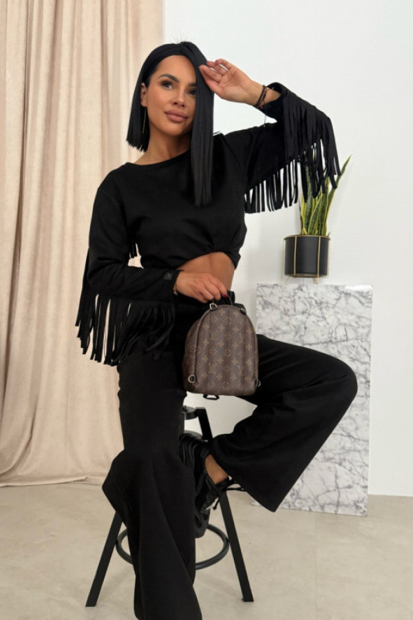 Zamszowy komplet damski premium z frędzlami i poszerzanymi spodniami czarny nikita