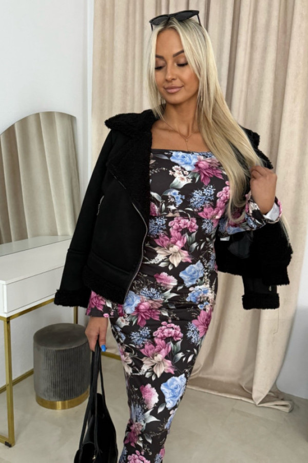 Sukienka maxi w kwiaty – długi rękaw z możliwością odsłonięcia ramion brązowa w kolorowe kwiaty dinor