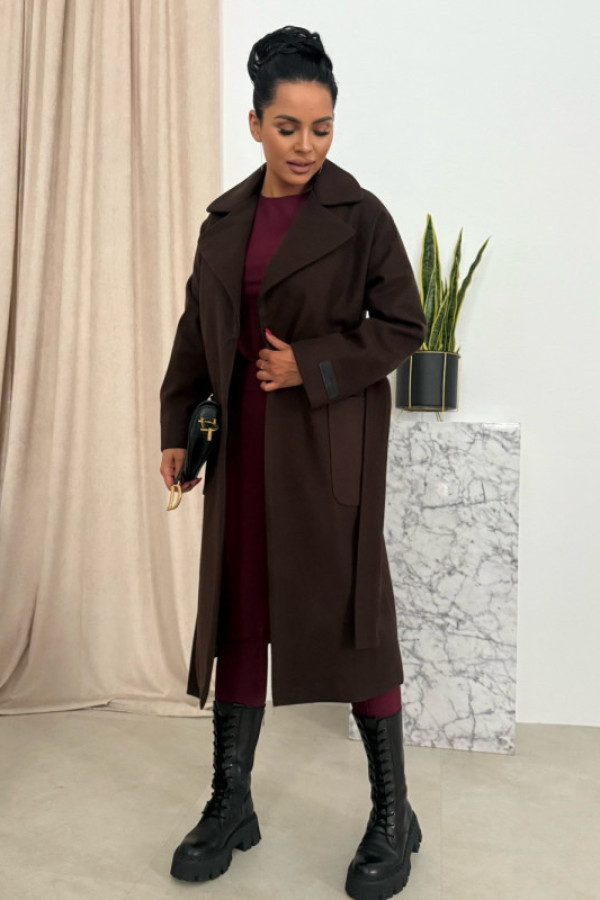 Długi płaszcz damski do kolan czekoladowy noa