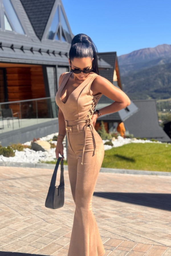 Zamszowe spodnie dzwony z wysokim stanem – stylowe i wygodne beżowe elodie