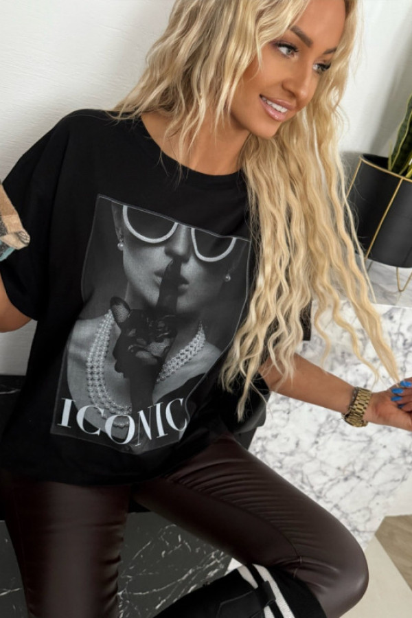 T-shirt damski oversize z nadrukiem iconic – kolor czarny