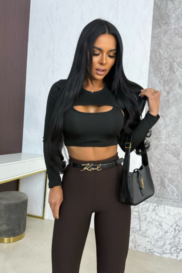 Czarna bluzka damska z wycięciami – długi rękaw, krótki fason fitin