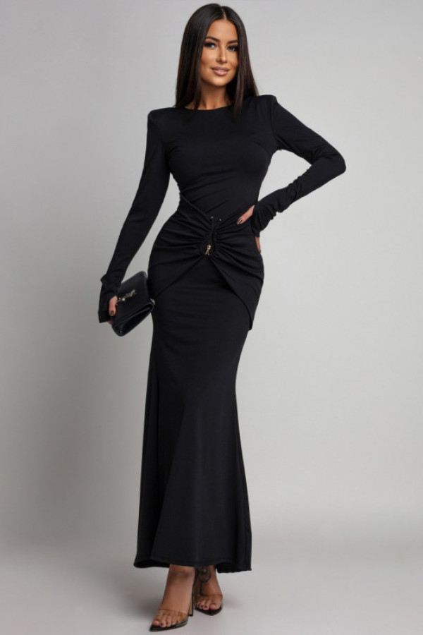 Czarna dopasowana maxi sukienka z długim rękawem i odkrytymi plecami xeria